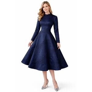 1980s Unbranded Navy Embroidered Beaded Satin Dress Fit & Flare Formal Large